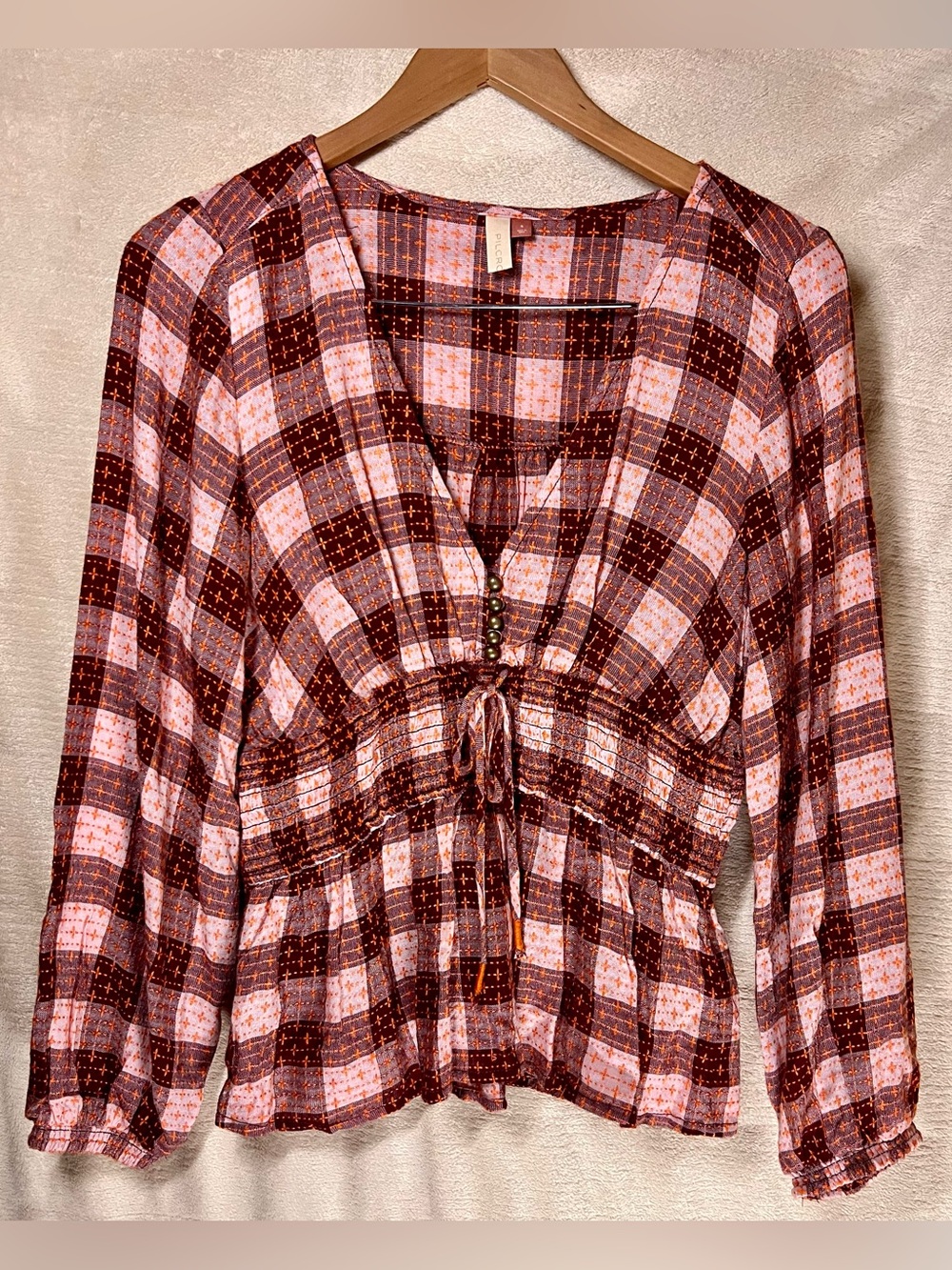 Pilcro Anthropologie Burgundy Pink Plaid Smocked Peplum Blouse Small